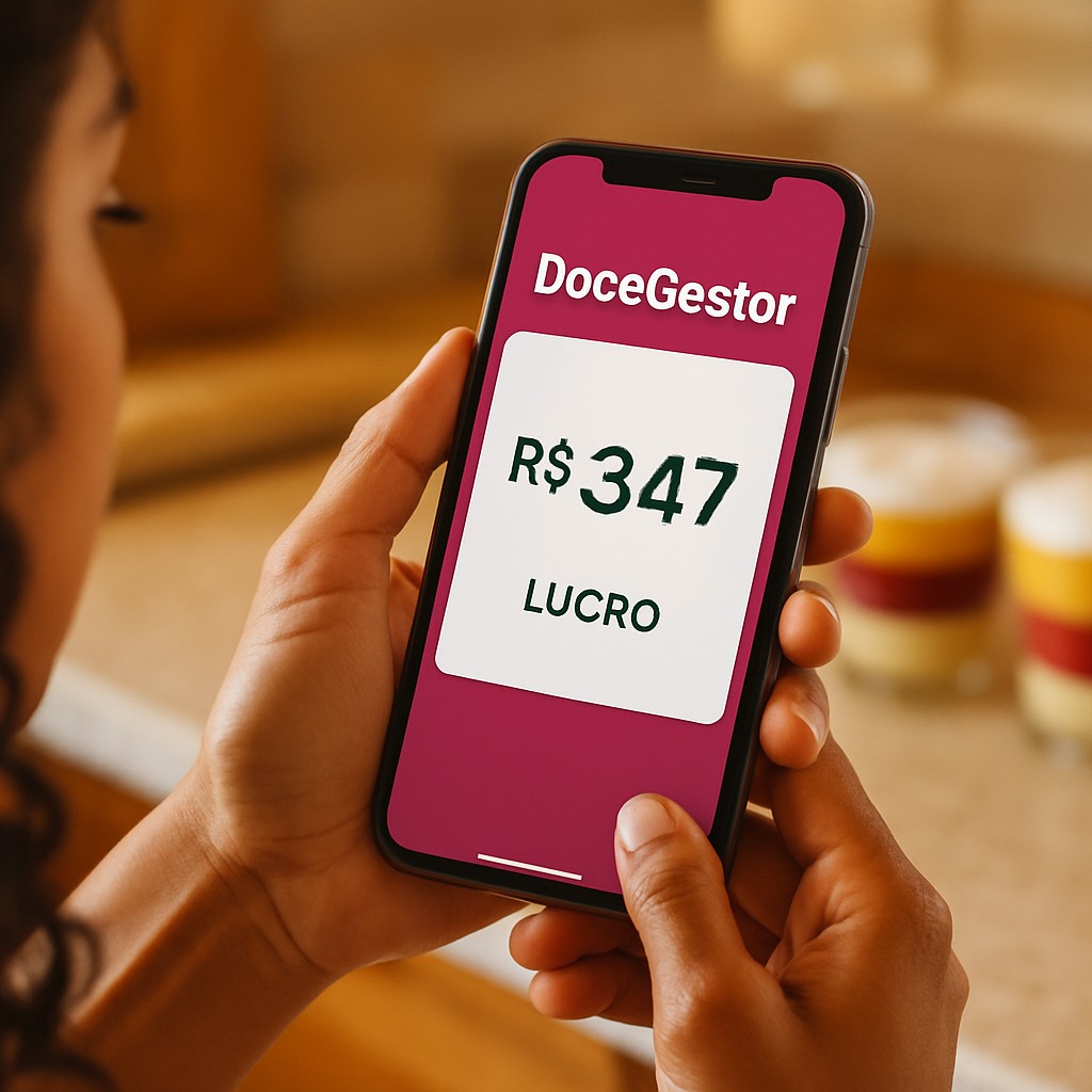 Mão de mulher mostrando o app DoceGestor com a calculadora de preços e o lucro na tela